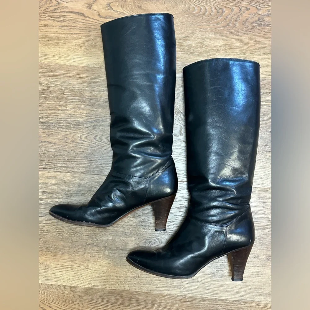 Vintage GUCCI Black Leather Wood Heel Knee Boots 29946 6035 Sz 38 Made in Chile - Picture 2 of 11